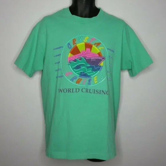 Vintage 90s Crystal Cruises TShirt L Green Neon Puffy Paint Made In USA Graphic - Picture 2 of 8